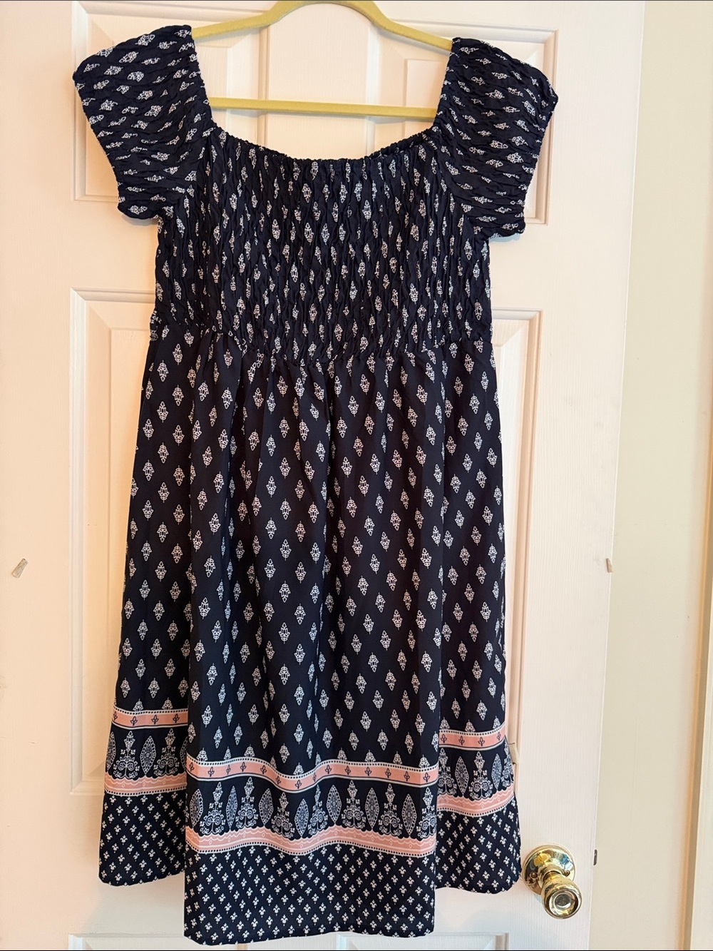 Oh! Mamma Dark Navy Dress w/Pink Border Trim smocked bodice flattering fit